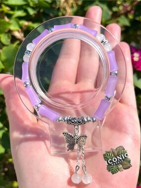 Lavender Bamboo Glass Beaded Bracelet With Butterfly Charm NWOT
